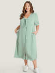 Plain Knotted V Neck Puff Sleeve Button Up Dress