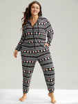Christmas Print Zipper Hooded Drawstring Sleep Jumpsuit