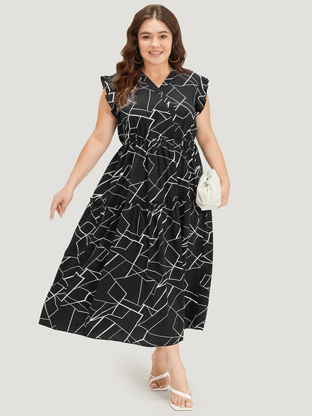 Geometric Print Cap Sleeves Wrap Dress With Ruffles