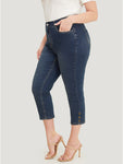 Very Stretchy High Rise Dark Wash Beaded Detail Cropped Jeans