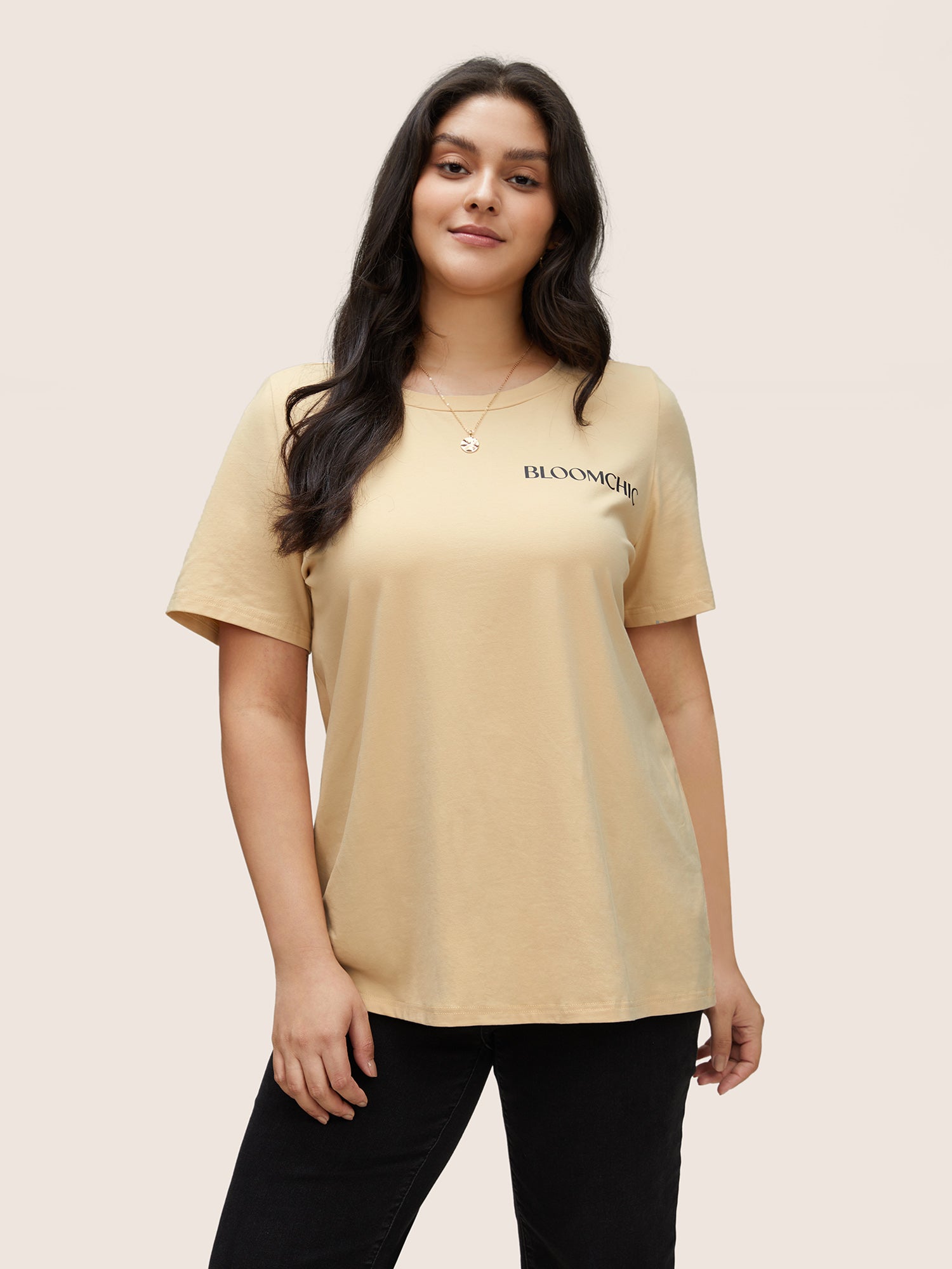

Plus Size Women Everyday Positive slogan Non Regular Sleeve Short sleeve Round Neck Casual T-shirts BloomChic, Apricot