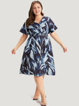 V-neck Geometric Print Pocketed Shirred Dress With Ruffles