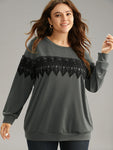 Plain Round Neck Patchwork Lace Panel Sweatshirt