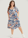 V-neck Pocketed General Print Midi Dress With Ruffles