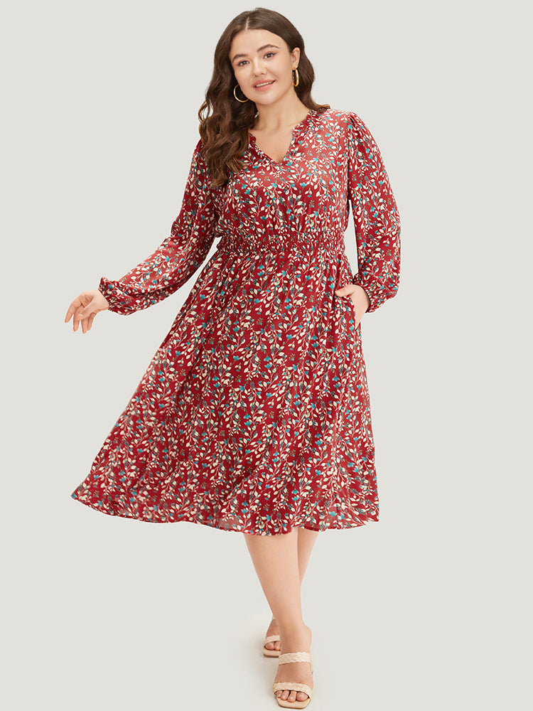 

Plus Size Women Dailywear Ditsy Floral Elastic cuffs Lantern Sleeve Long Sleeve Notched collar Pocket Elegant Dresses BloomChic, Crimson