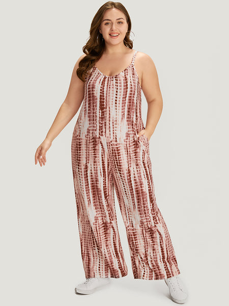 Striped Tie Dye Print Spaghetti Strap Pocketed Backless Jumpsuit
