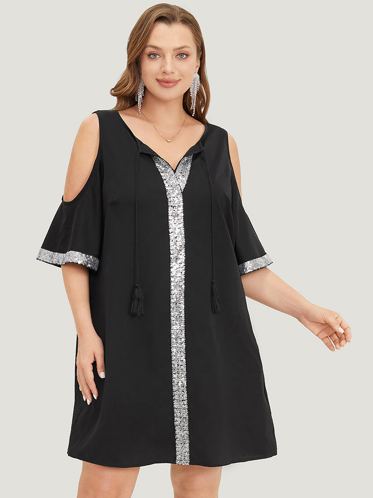 

Plus Size Women Going out Plain Tassels Regular Sleeve Short Sleeve Tie Neck Pocket Party Dresses BloomChic, Black