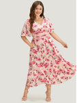 Floral Print Lace Pocketed Empire Waistline Dress With Ruffles