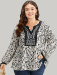 Boho Print Notched Knot Lantern Sleeve Blouse