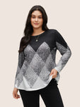 Geometric Ombre Contrast Round Neck T shirt