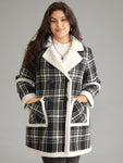 Lapel Collar Plaid Pocket Fuzzy Trim Coat