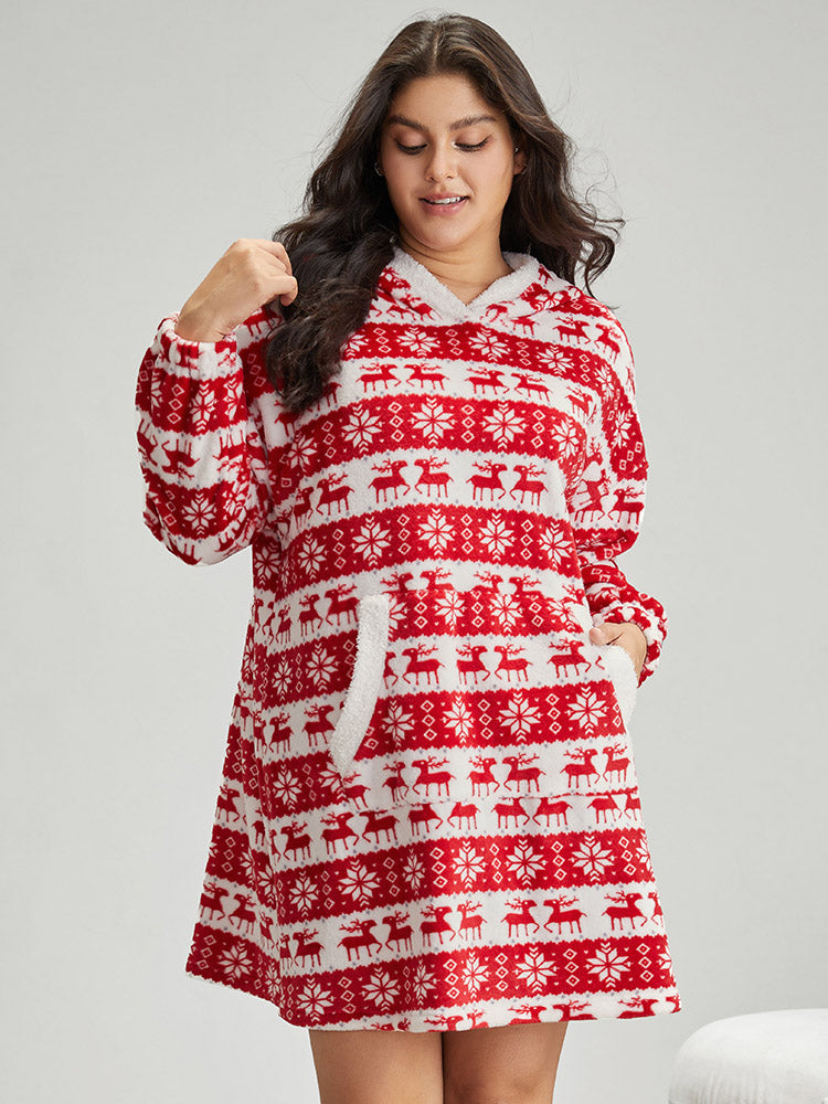 

Plus Size Loungewear | Christmas Elk Hooded Pocket Fuzzy Sleep Dress | BloomChic, Red