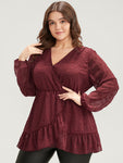 Star Mesh Lantern Sleeve Surplice Neck Ruffle Hem Blouse