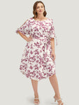 Pocketed Belted Cold Shoulder Sleeves Floral Print Dress