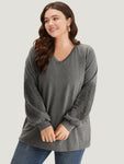 Plain Guipure Lace V Neck Raglan Sleeve Sweatshirt