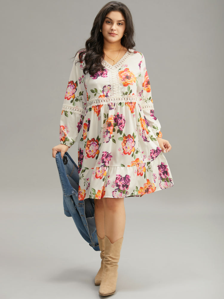 

Plus Size Women Dailywear Floral Elastic cuffs Lantern Sleeve Long Sleeve V Neck Pocket Elegance Dresses BloomChic, Lvory