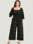 Floral Print Frill Trim Shirred Belted Square Neck Jumpsuit