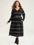 V-neck Striped Print Elasticized Waistline Dress