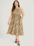 Animal Leopard Print Pocketed Belted Halter Dress With Ruffles