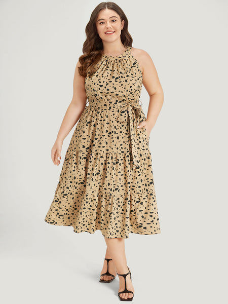 Animal Leopard Print Halter Belted Pocketed Dress With Ruffles