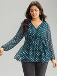 Polka Dot Belted Wrap Mesh Patchwork Blouse