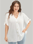 Plain Gingham Button Detail Notched Knotted Sleeve Blouse