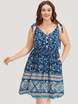 General Print Spaghetti Strap Lace Trim Pocketed Dress