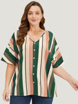 Striped Print Button Detail Batwing Sleeve Blouse