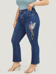 Butterfly Embroidered Moderately Stretchy High Rise Dark Wash Bootcut Jeans