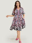 Tiered Pocketed Bell Sleeves Floral Print Dress With Ruffles