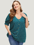 Dot Print Lantern Sleeve Shirred Button Detail V Neck Blouse