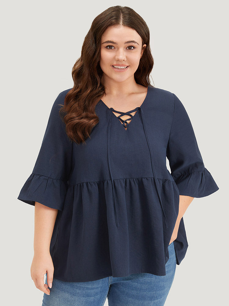 

Plus Size Women Dailywear Plain Plain Bell Sleeve Elbow-length sleeve Tie Neck Elegant Blouses BloomChic, Indigo