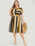 Pocketed Belted Striped Print Dolman Sleeves Dress With Ruffles