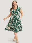 Floral Ruffles Cap Sleeve Pocket Button Wrap Dress