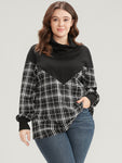 Plaid Patchwork Button Detail Funnel Neck Sweatshirt