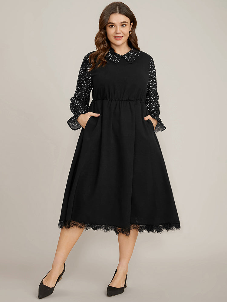 

Plus Size Women Workwear Polka Dot Patchwork Lantern Sleeve Long Sleeve Shirt Collar Pocket Workleisure Dresses BloomChic, Black