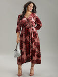 Wrap Floral Print Velvet Elasticized Waistline Dress With Ruffles