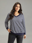 Houndstooth Contrast V Neck Sweatshirt