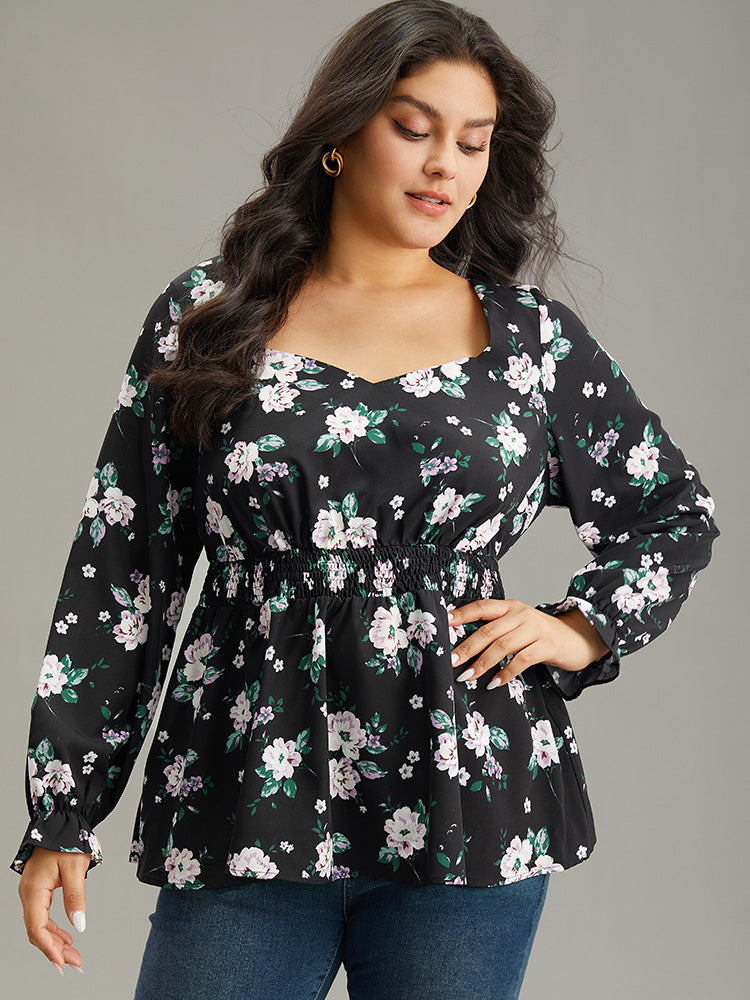 

Plus Size Women Dailywear Floral Elastic cuffs Lantern Sleeve Long Sleeve Square Neck Elegance Blouses BloomChic, Black