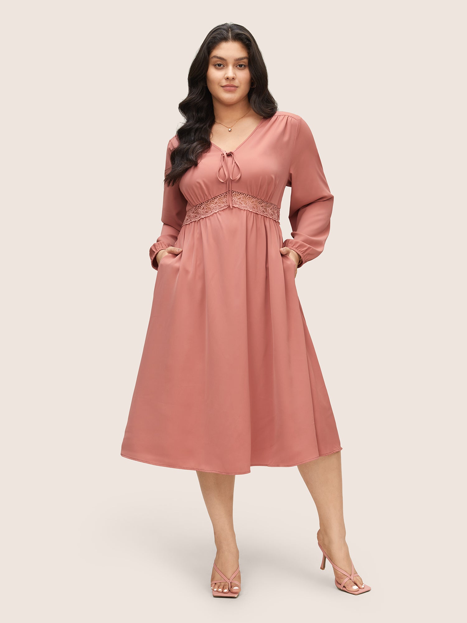 

Plus Size Women Everyday Plain Knotted Lantern Sleeve Long Sleeve V-neck Pocket Elegant Dresses BloomChic, Dusty pink