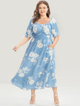 Floral Print Square Neck Belted Flutter Puff Sleeves Sleeves Dress