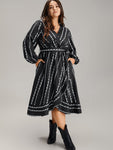 Striped Print Belted Wrap Pocketed Dress