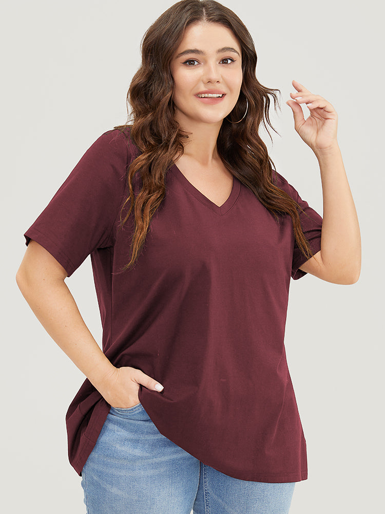 

Plus Size Women Dailywear Plain Regular Sleeve Short sleeve V-neck Basics T-shirts BloomChic, Burgundy