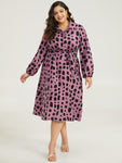 Shirt Collar Brush Print Belted Dress