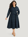 Belted Plaid Print Collared Dress