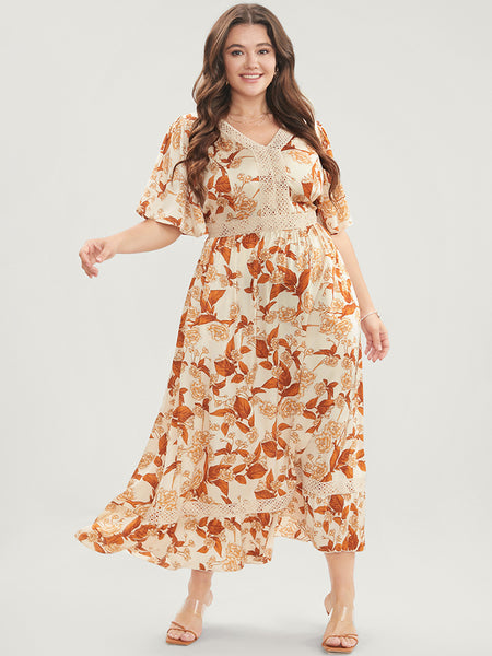 Pocketed Floral Print Flutter Sleeves Maxi Dress