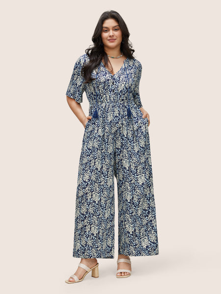 General Print Frill Trim Tie Waist Waistline Jumpsuit