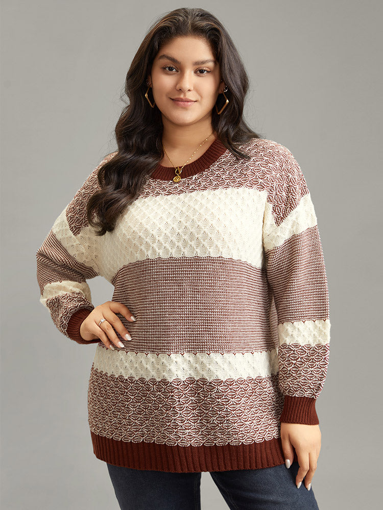 

Plus Size Pullovers | Colorblock Contrast Round Neck Elastic Cuffs Pullover | BloomChic, Rust