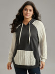 Contrast Cable Knit Pocket Hooded Drawstring Sweatshirt