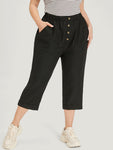 Solid Pocket Button Detail Elastic Waist Pants